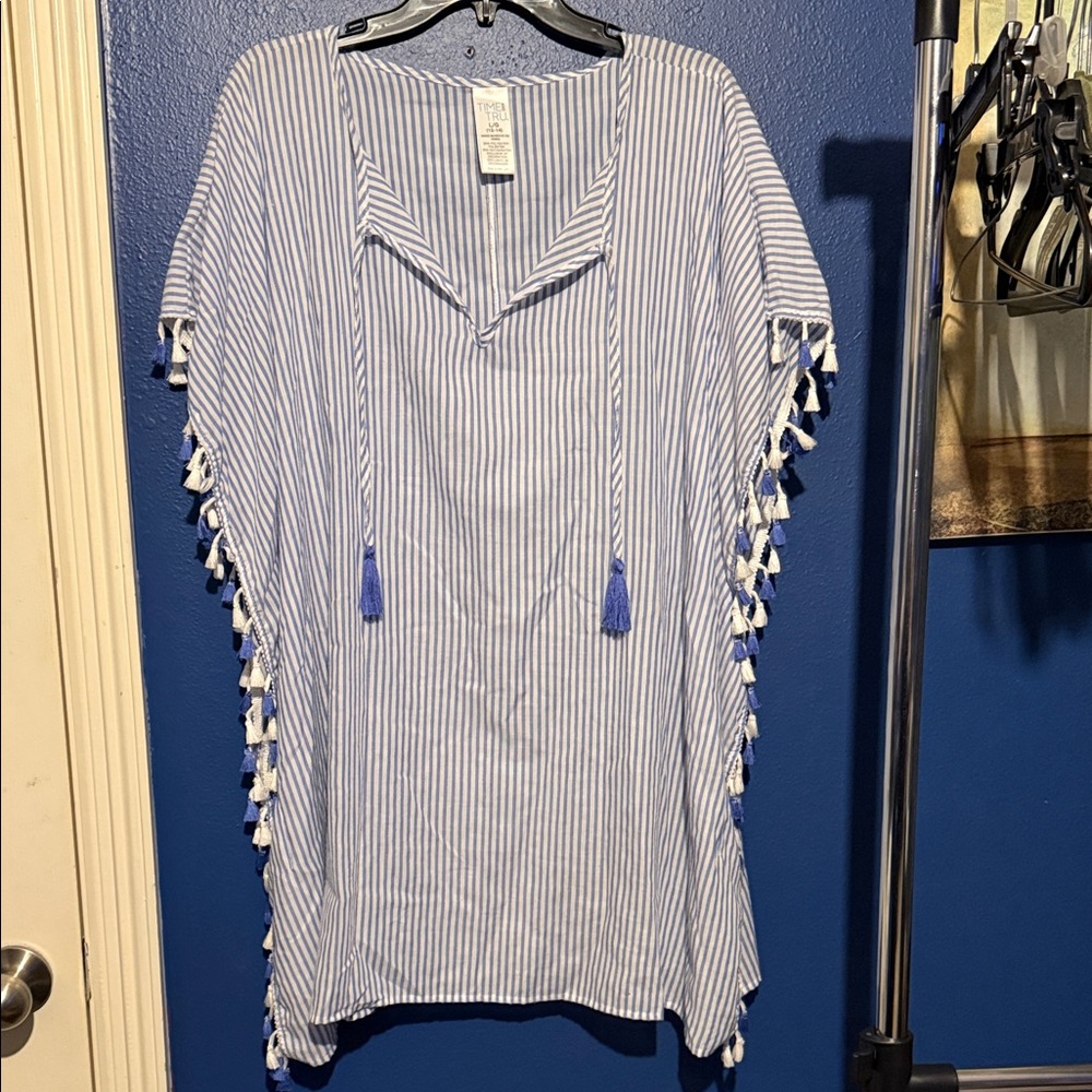 Time and Tru Blue and White Striped Tassel Beach Cover-Up